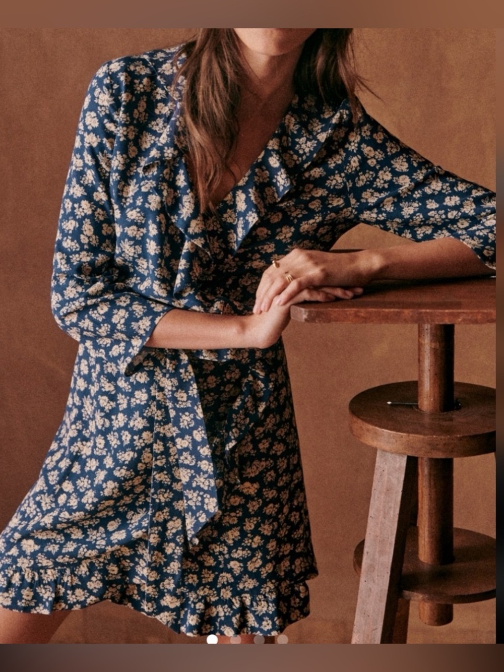 Sezane Dress Asianne Cara Antique Floral Wrap Mini Navy Blue Ruffle French 36
